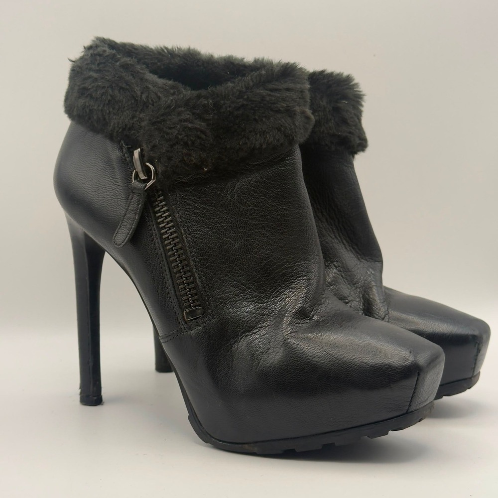 GUESS Leather Platform Ankle Boots Women's 8.5 Black Faux Fur Stiletto Y2K